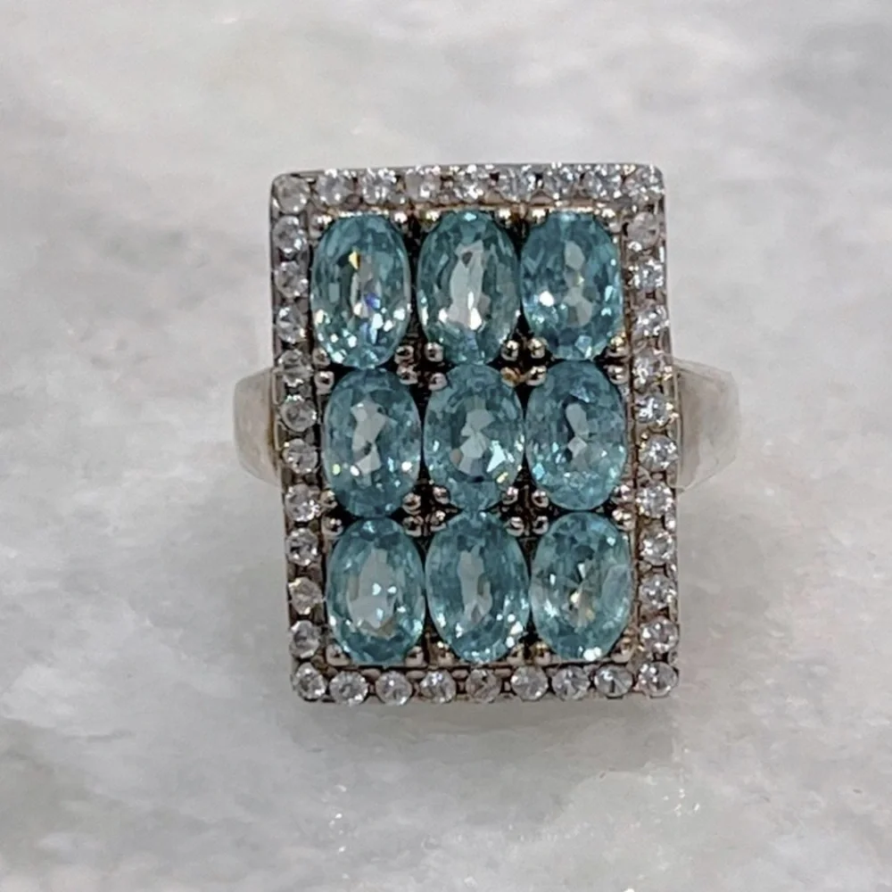 Cambodian Blue Zircon White Zircon Sterling Silver Rectangular Cluster R… - Picture 11 of 14